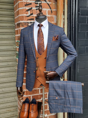 JENSON - Marine Navy Check Suit With Kelvin Dark Tan D/B Waistcoat