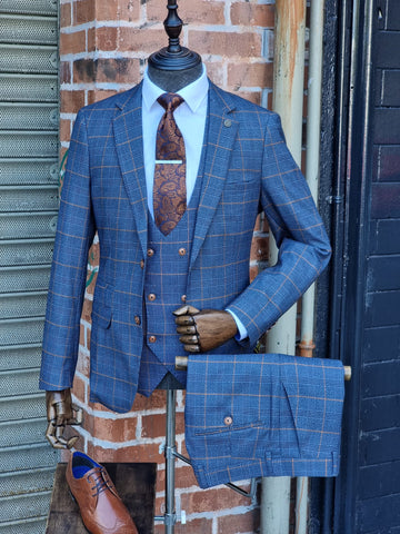 JENSON - Sky Blue Check Suit With Double Breasted Waistcoat