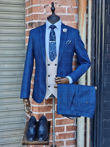 JERRY - Blue Check Suit with Kelvin D/B Stone Waistcoat