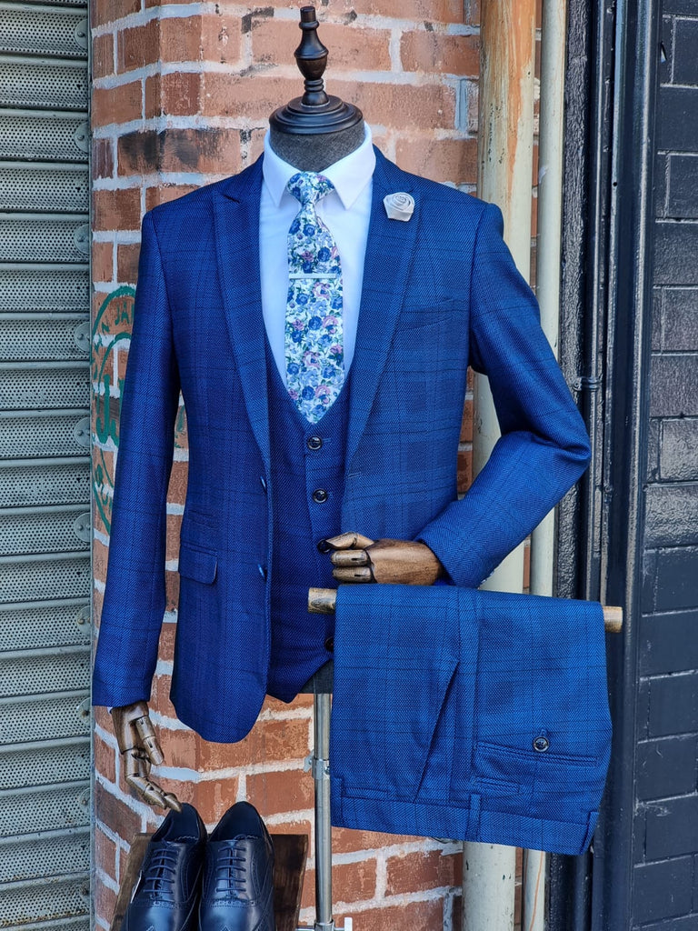 Indigo Prince of Wales Check 3 Piece Slim Suit | Hawes & Curtis