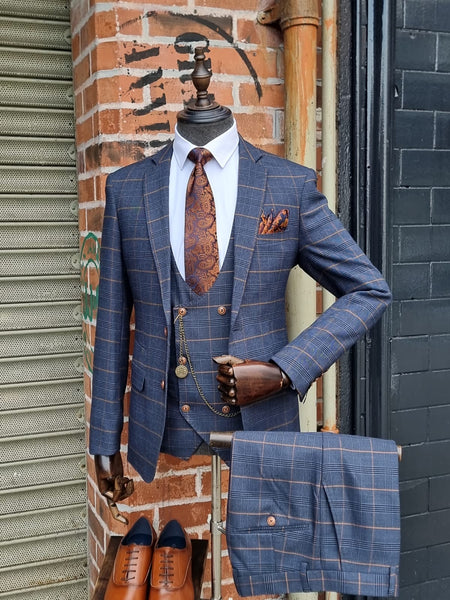 JENSON - Marine Navy Check Suit With Double Breasted Waistcoat