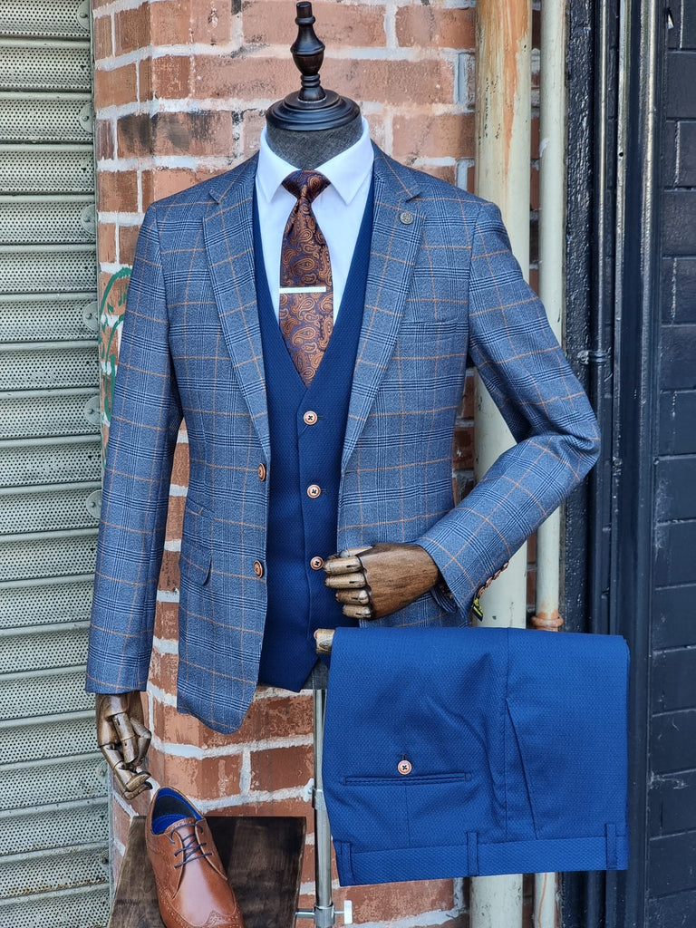 Navy Blue Suit with Brown Checked Waistcoat