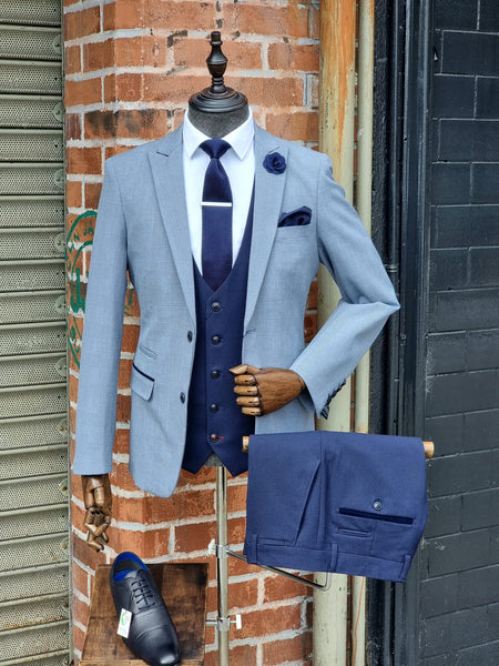 BROMLEY - SKY 3PC WITH NAVY BROMLEY Waistcoat & Trousers