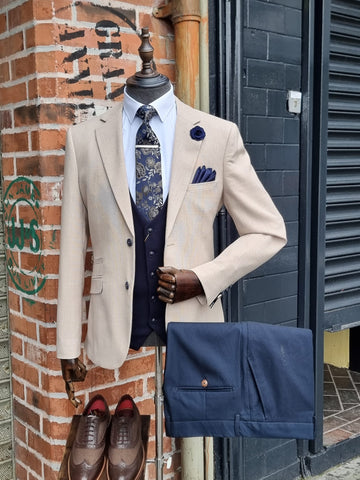 Miami Beige Suit with Kelvin Navy Waistcoat and Max Navy trousers