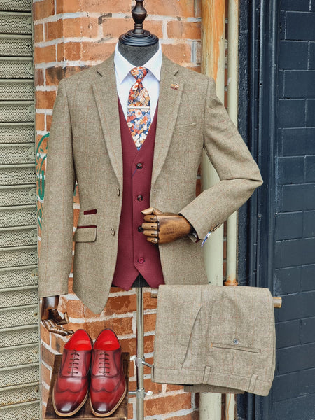 Gaston Sage Tweed  -  Suit with Max Wine Waistcoat