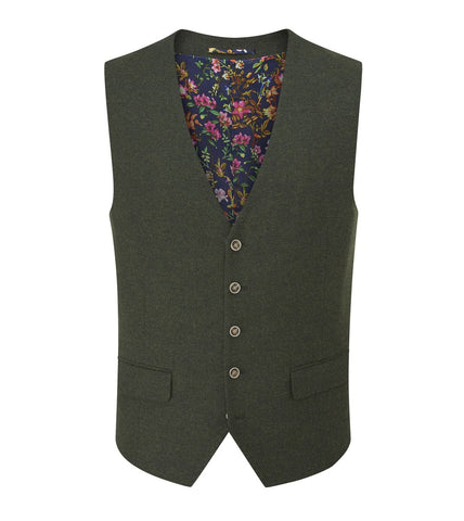 Jude - Tailored Waistcoat Olive Green Tweed Herringbone