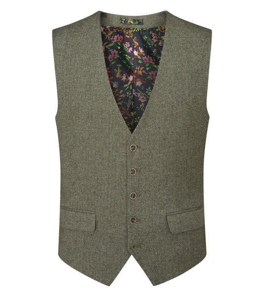 Jude - Tailored Waistcoat Sage Tweed Herringbone