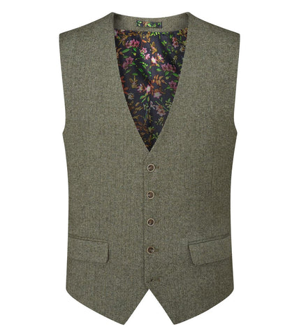 Jude - Tailored Waistcoat Sage Tweed Herringbone