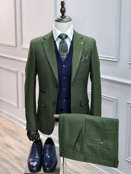 Fratelli Olive - Olive 3PC Suit with Navy Waistcoat