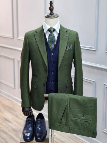 Fratelli Olive - Olive 3PC Suit with Navy Waistcoat