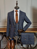 JENSON - Marine Navy Check Suit With Double Breasted Waistcoat