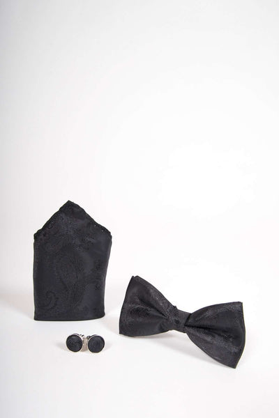 TS PAISLEY - Black Paisley Bow Tie Set Including Bow Tie Cufflink and Pocket Square
