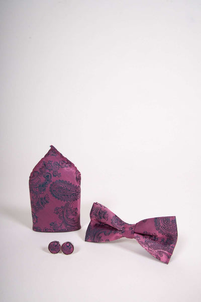 TS PAISLEY - Pink Paisley Bow Tie Set Including Bow Tie Cufflink and Pocket Square