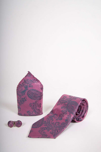 TS PAISLEY - Pink Paisley Tie Set Including Tie Cufflink and Pocket Square